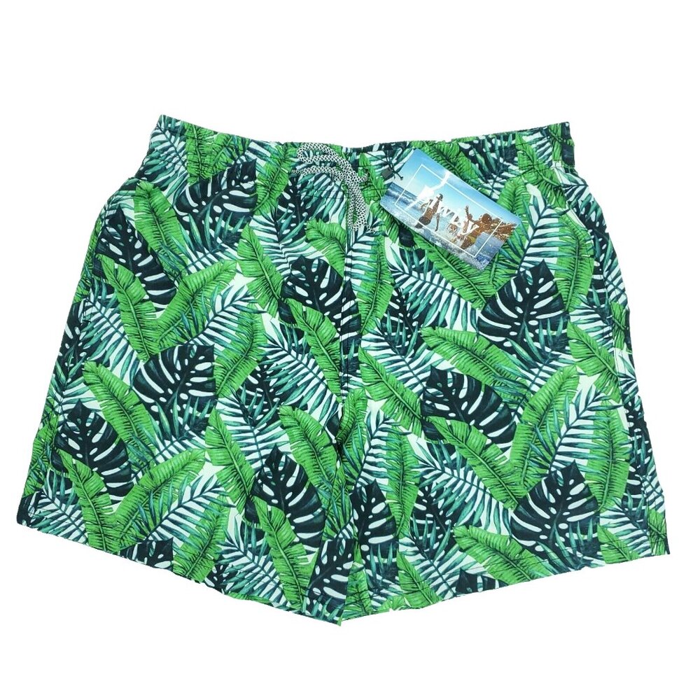Biwisy Swim Shorts Mens Medium Green Trunks Palm Trees Mesh Lined All Over Print